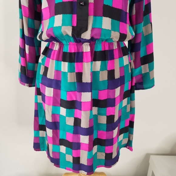 Britt Ryan 100% Silk Geometric Print Long Sleeve Blouson Dress Size M Colorful - Picture 14 of 15